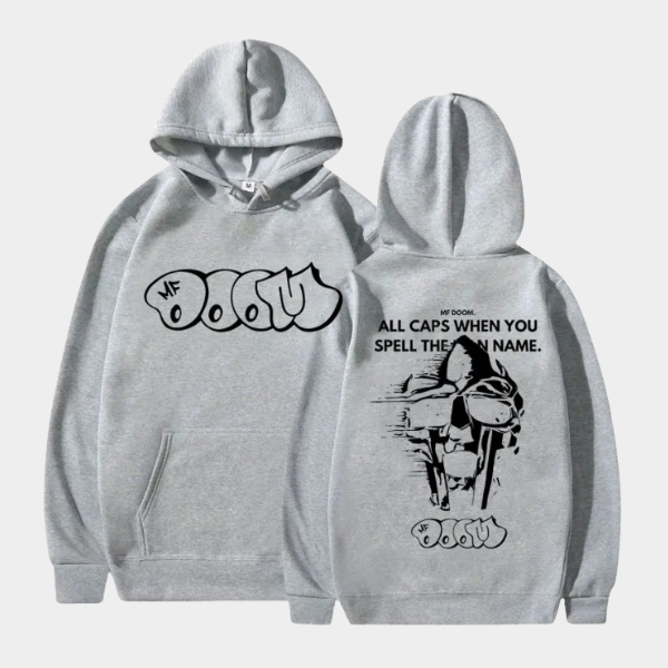 Grey MF DOOM Hoodie All Caps Quote Distressed Mask _ MF DOOM Merch