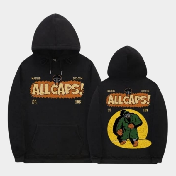 black Caps Hoodie – Comic Style Double Print Streetwear _ MF DOOM Merch